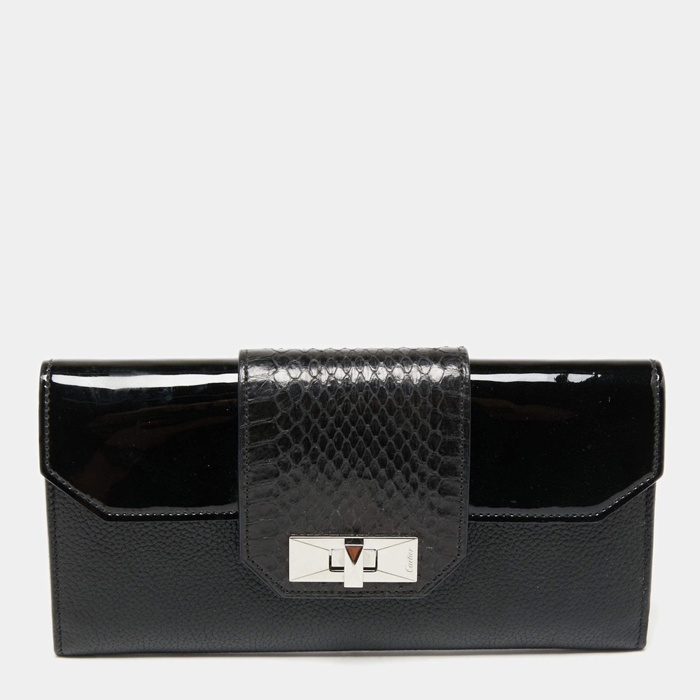Cartier Black Leather And Python Trim Turnlock Fl… - image 1